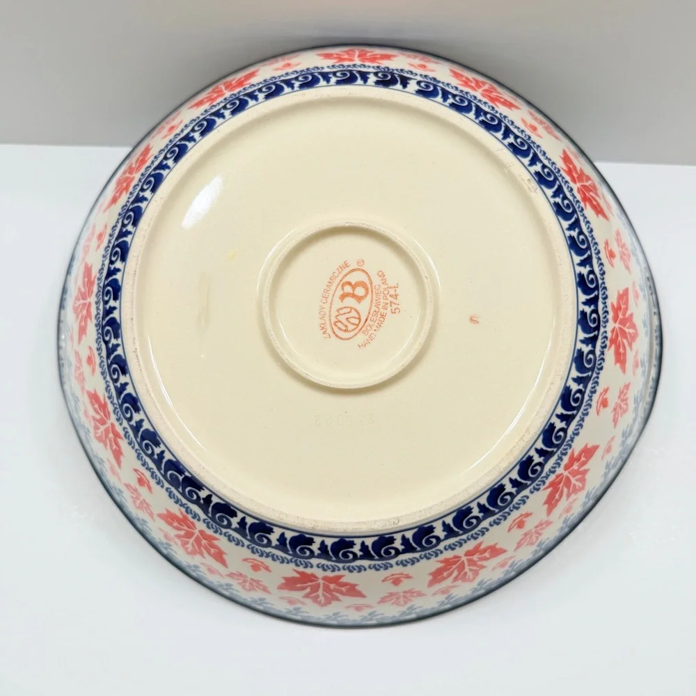Boleslawiec Zaklady Polish‎ Pottery Red Maple Leaf Bowl Handles 14”, Large RARE